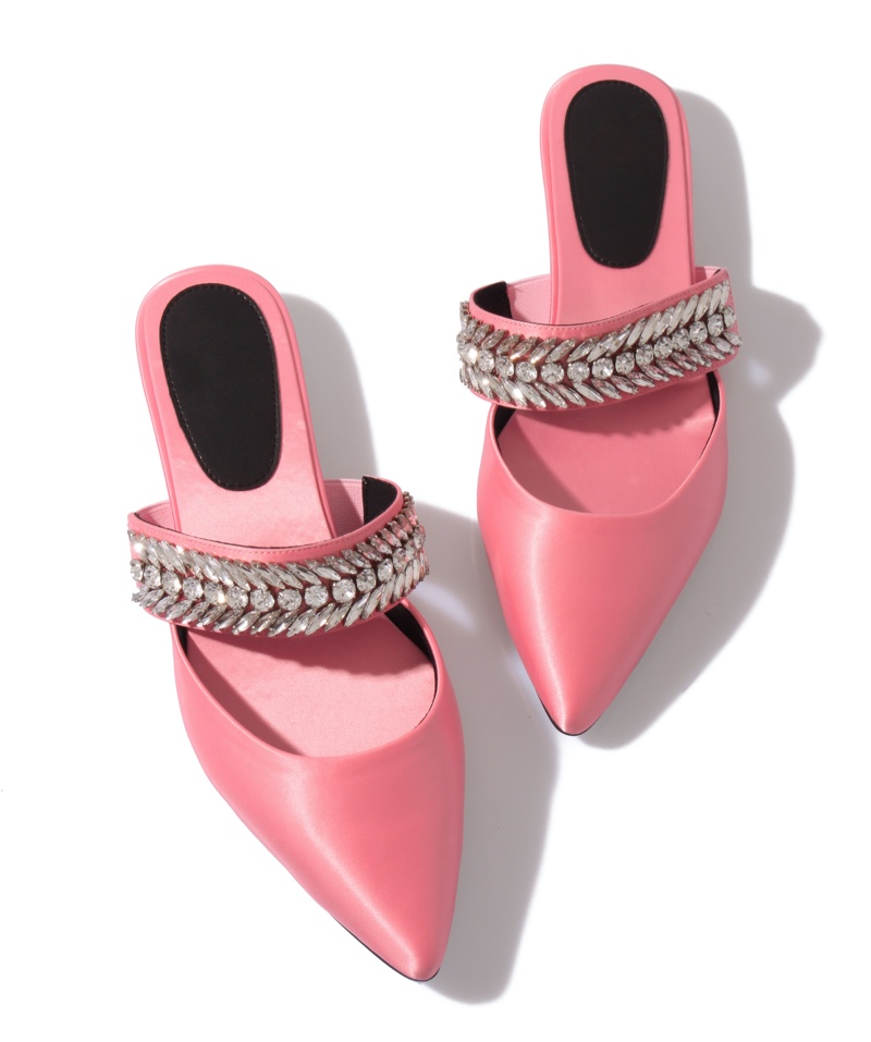 Pink Mule Satin Shoes Crystal Embellished Strap