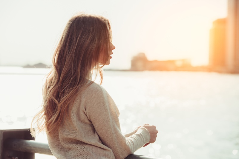 Side View Blonde Attractive Woman Thinking Dreaming