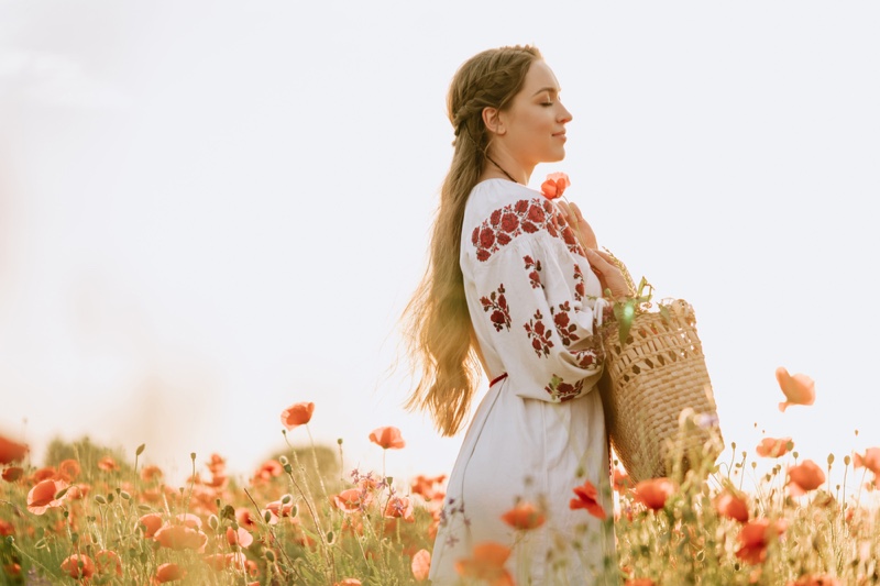 Woman Embroidered National Dress Field Outdoors