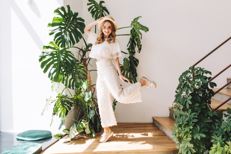 Woman Home Plants White Top Pants Casual Outfit