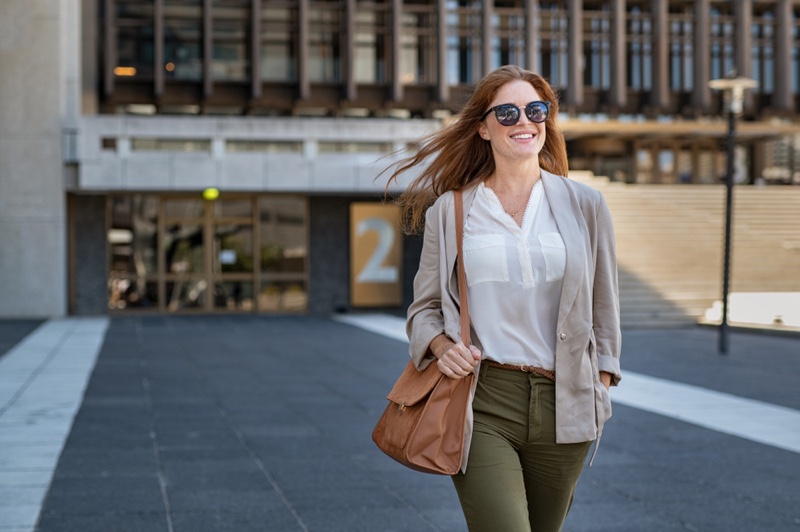 Woman Smiling Blazer Shirt Green Pants Professional