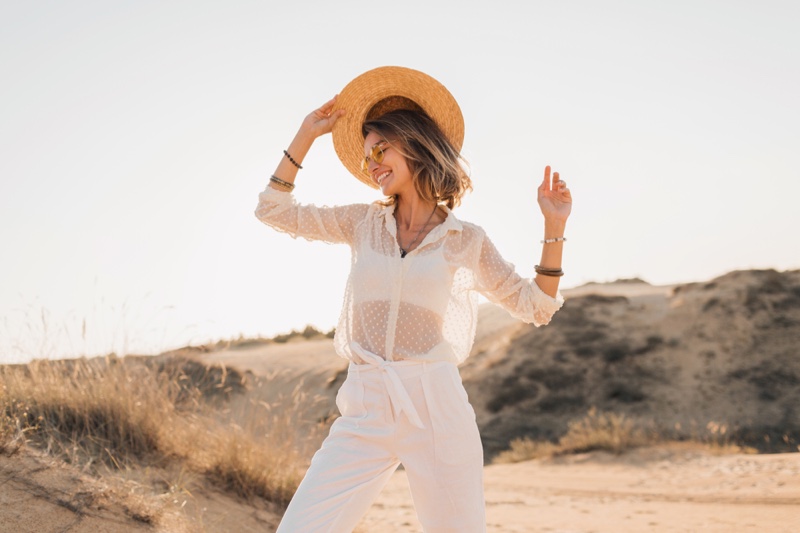 Woman White Outfit Shirt Pants Outdoors