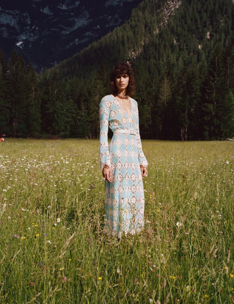 Mica Arganaraz poses in Zara Sulle Dolomiti summer 2021 editorial.