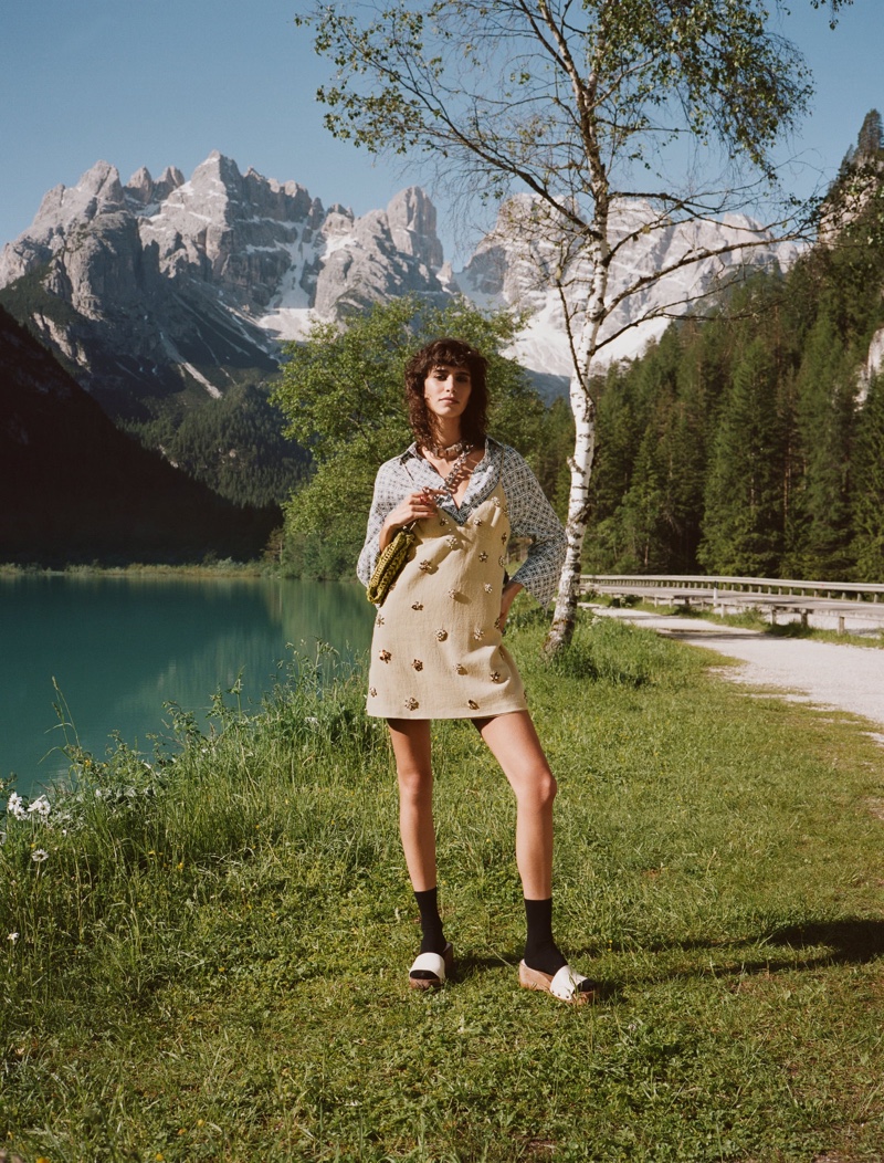 Zara Long Linen Shirt, Jewel Trim Mini Dress, and Wooden Leather Slides.