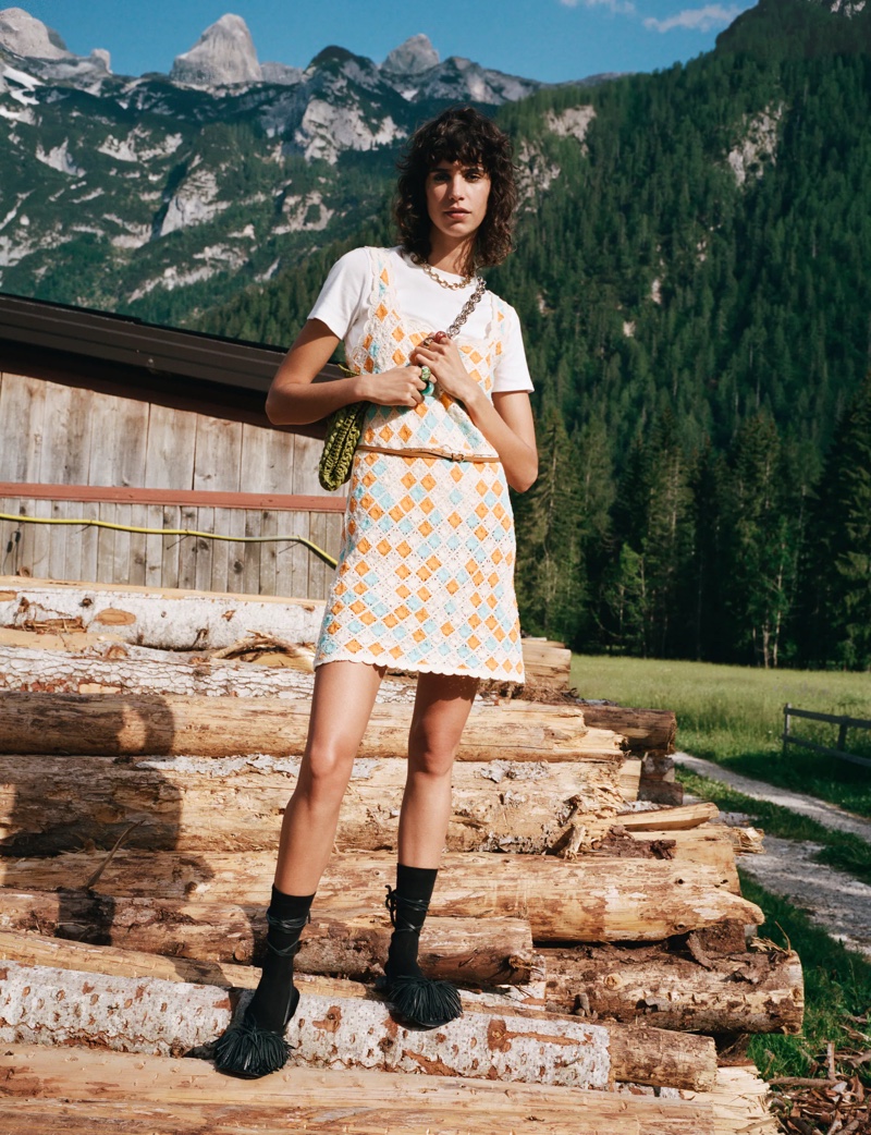 Mica Arganaraz wears a crochet mini dress in Zara Sulle Dolomiti summer 2021 editorial.