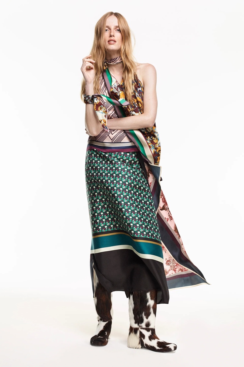 Zara Limited Edition Printed Silk Top and Pareo Skirt.