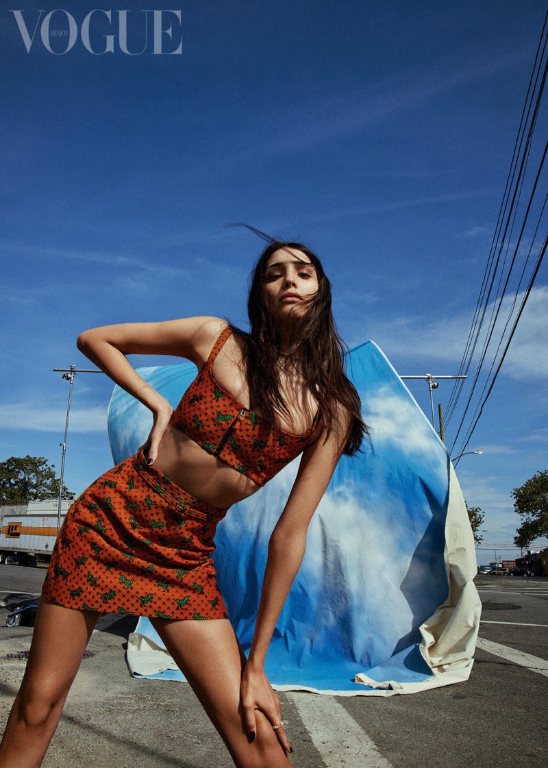 Zion Moreno poses in Dior crop top and mini skirt. Photo: An Le / Vogue Mexico