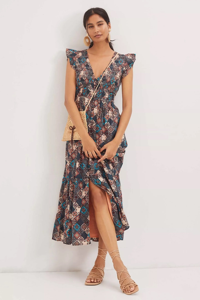 Anthropologie Smocked Ruffle Maxi Dress in Dark Turquoise  $160