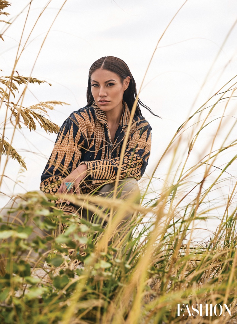 Actress and influencer Ashley Callingbull wears 4Kinship jacket and jewelry with Evan Ducharme top and pants. Photo: Gabor Jurina / FASHION