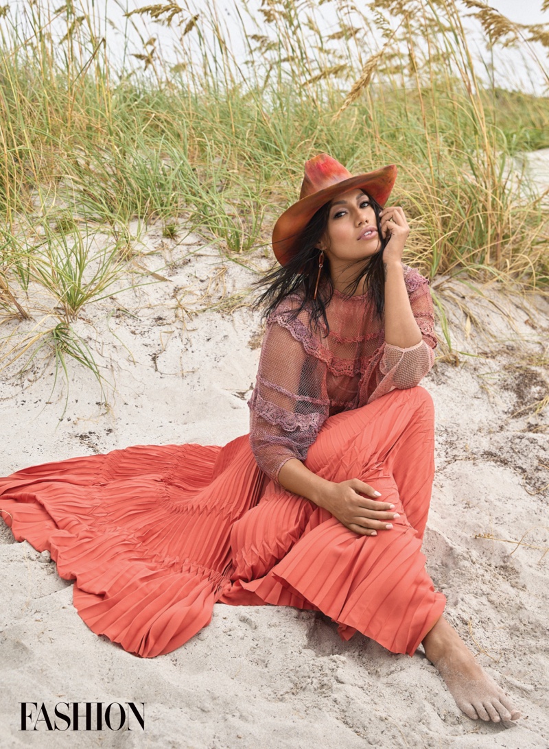 Looking pretty in pink, Ashley Callingbull wears 4Kinship top and hat with Lesley Hampton skirt. Photo: Gabor Jurina / FASHION