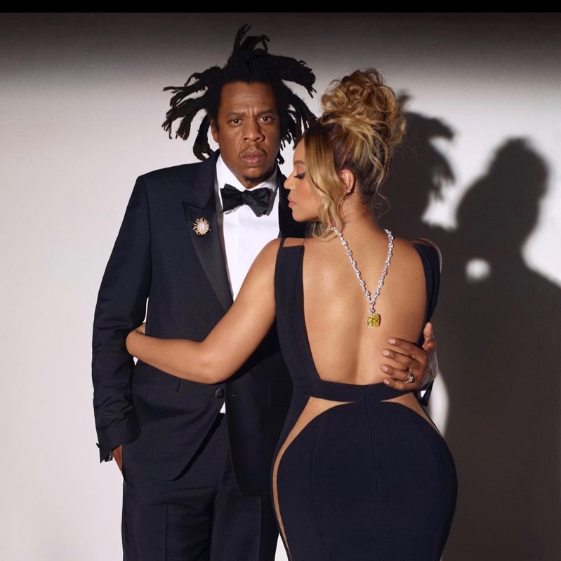 Posing with husband JAY-Z, Beyonce wears the Tiffany Diamond for Tiffany & Co. About Love fall 2021 campaign.
