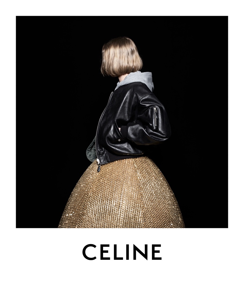 Quinn Mora wears leather jacket in Celine fall 2021 campaign.
