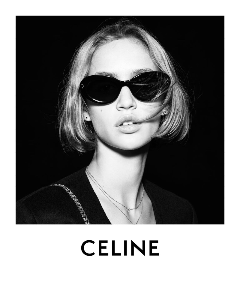 Quinn Mora gets her closeup in cat eye sunglasses for Celine fall 2021 campaign.