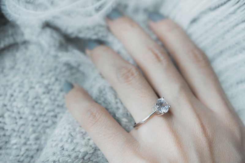 Closeup Diamond Engagement Ring Grey Background