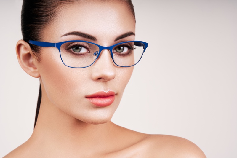 Closeup Model Square Face Blue Rectangle Glasses