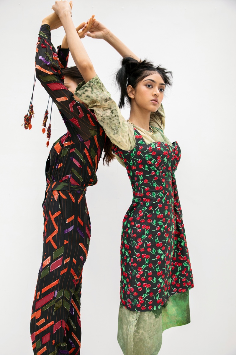 (Left) Jumpsuit Nirmooha. (Right) Print Dress Yavi, Embellished Dress Aniket Satam & Necklace Kaoaph. Photo: Kay Sukumar