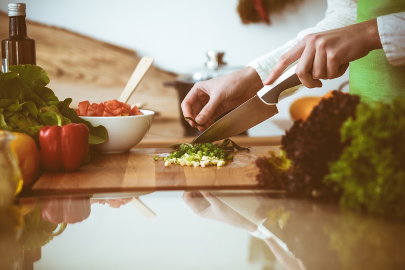 Female Hands Cutting Vegetables Kitchen Knife