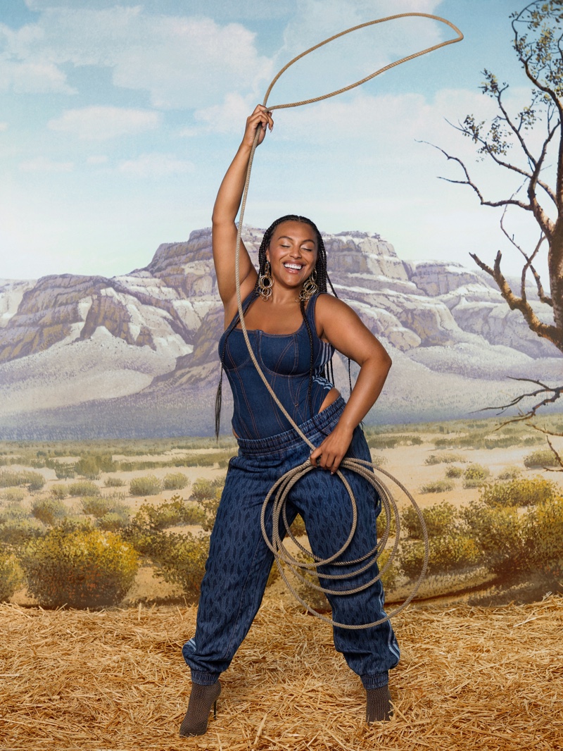 Paloma Elsesser poses in denim for adidas x Ivy Park Rodeo campaign.