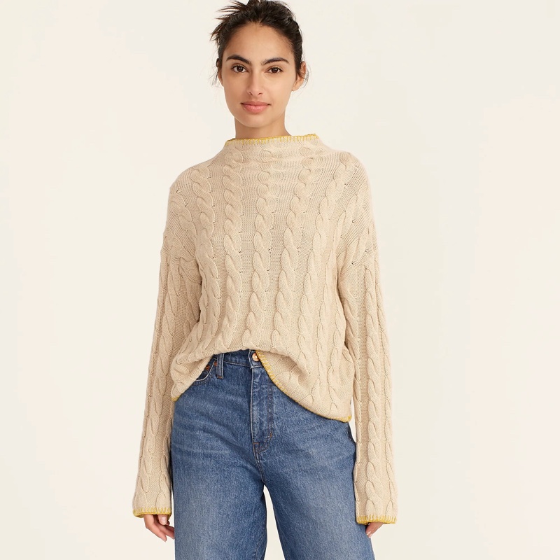 J. Crew Cotton Cashmere Cable-Knit Mockneck Sweater in Hthr Natural $128