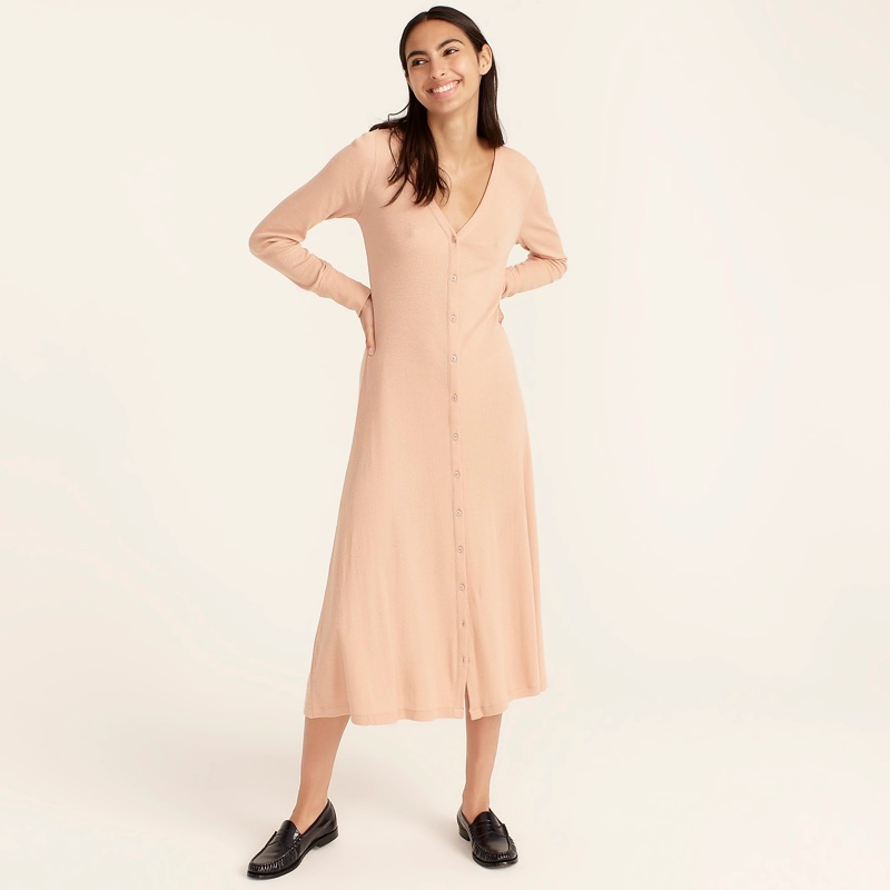 J. Crew Ribbed Button-Front Knit Dress in Luxury Camel $98