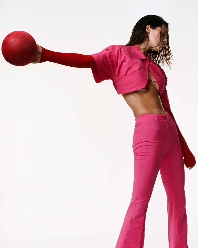 Dressed in pink, Kendall Jenner poses for Jacquemus fall-winter 2021 campaign.