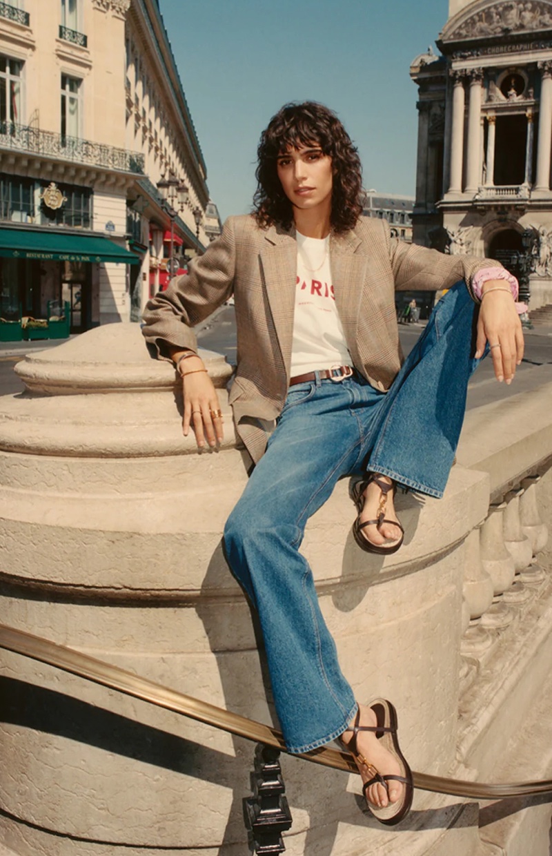 Massimo Dutti Wool Check Blazer, Paris T-Shirt, and High-Waist Wide-Leg Jeans.