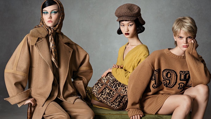 Models Steinberg, Chloe Oh, and Jits Bootsma pose for Max Mara fall-winter 2021 campaign.