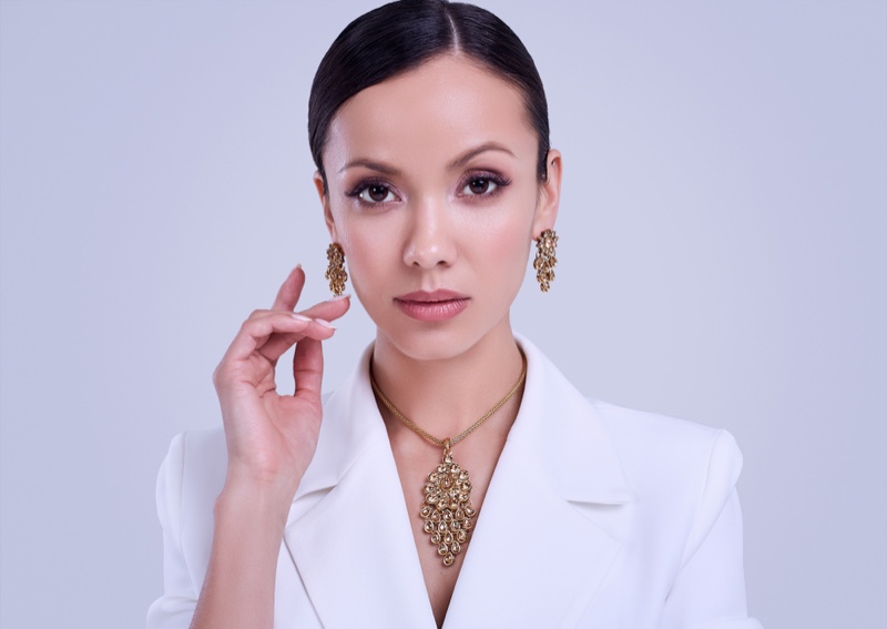 Model Gold Necklace Earrings White Blazer