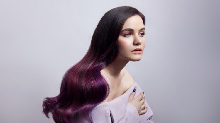 Model Purple Ombre Dyed Hair Shoulder Top