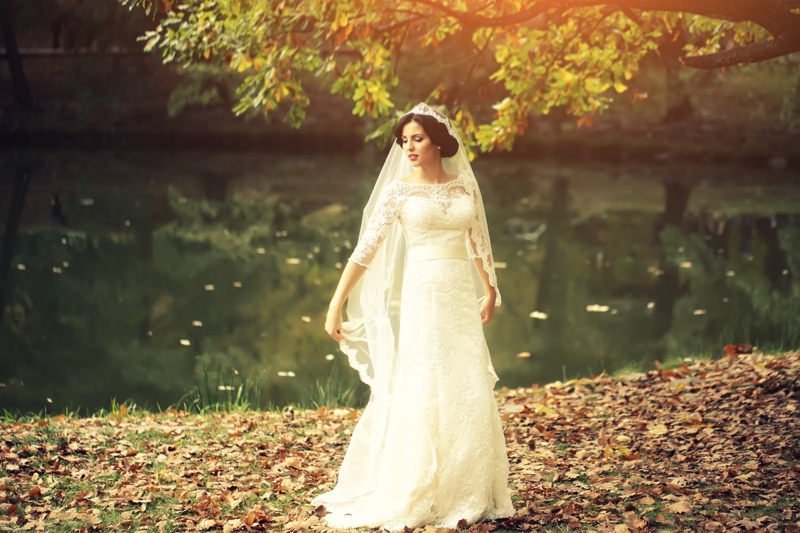 Model Wedding Dress Outdoors Lace