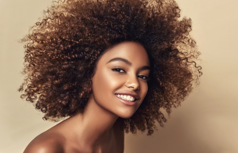 Smiling Black Model Curly Hair Teeth