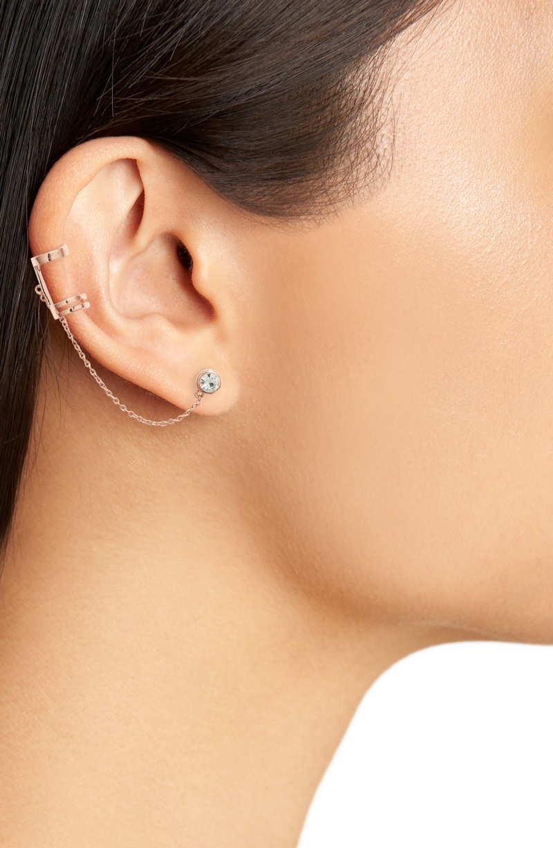 Sterling Forever Chained Stud Ear Cuff Rose Gold