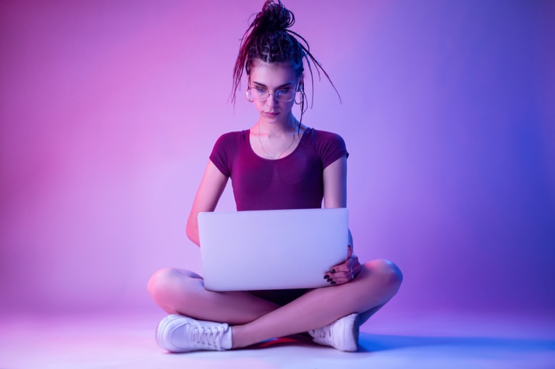 Woman Braids Laptop Purple Light Sitting