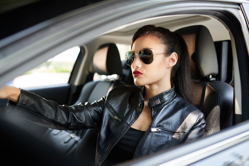 Woman Driving Leather Jacket Sunglasses Cool