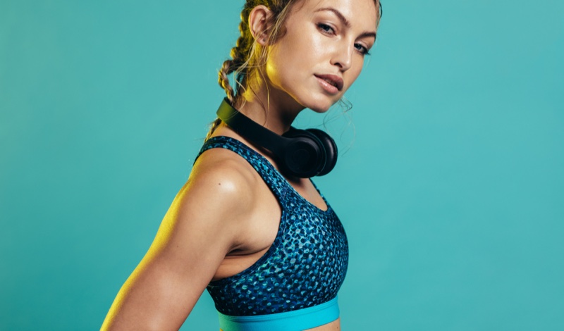 Woman Headphones Workout Printed Sports Bra