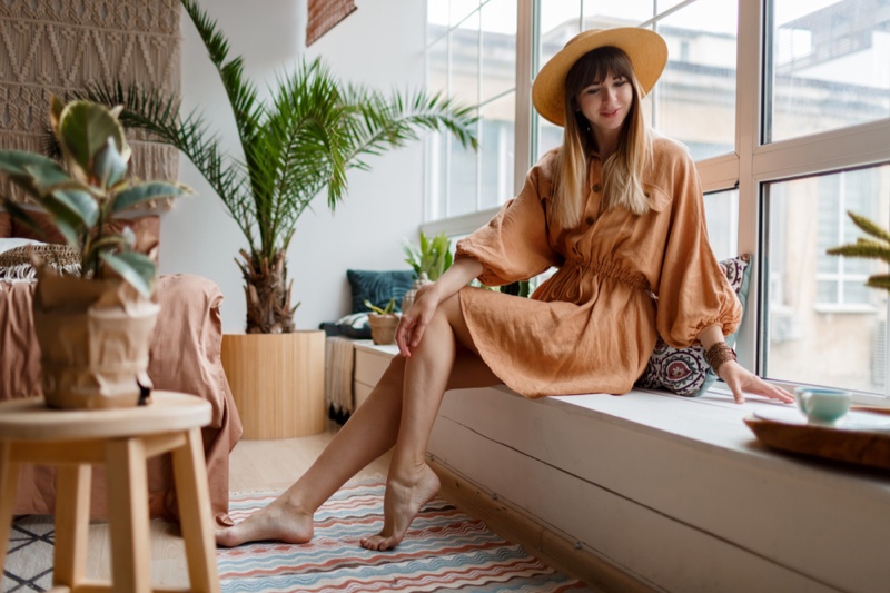 Woman Orange Linen Dress Home Decor Sitting
