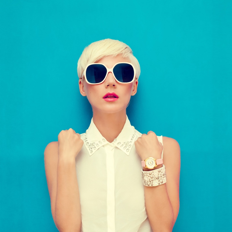 Woman Short Blonde Hair Watch Sunglasses