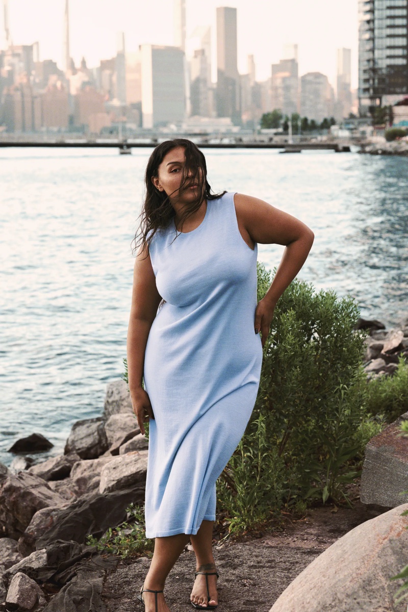 Paloma Elsesser poses in Zara's fall 2021 dress styles.