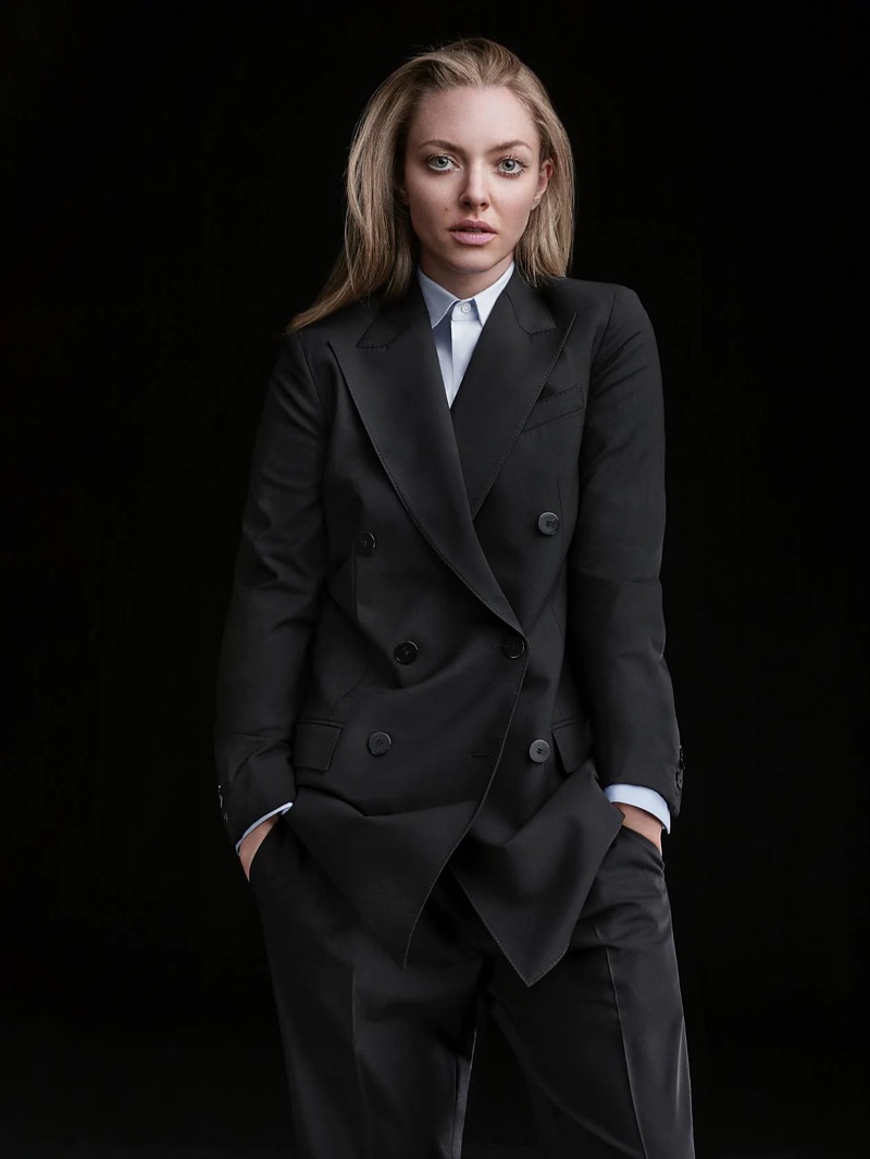 Amanda Seyfried suits up in Theory double-breasted blazer style for the brand’s fall 2021 campaign.