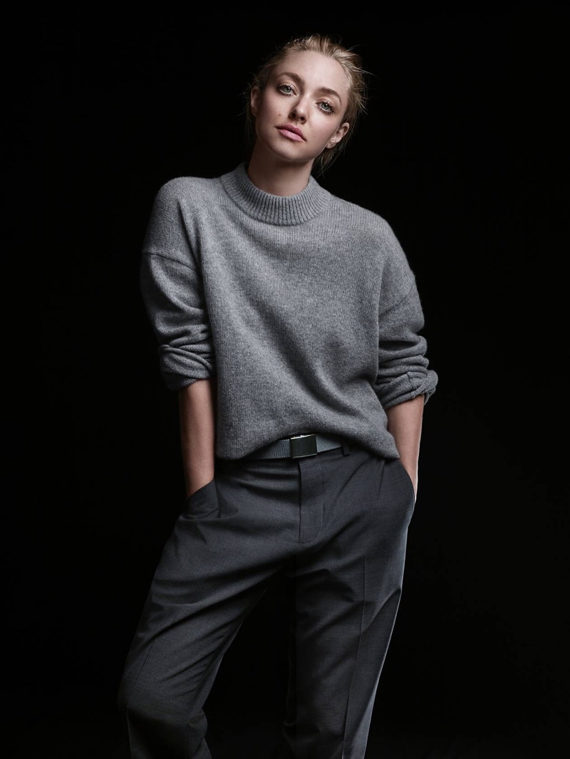 Actress Amanda Seyfried poses in Theory cropped mock neck sweater and Trecca pant.