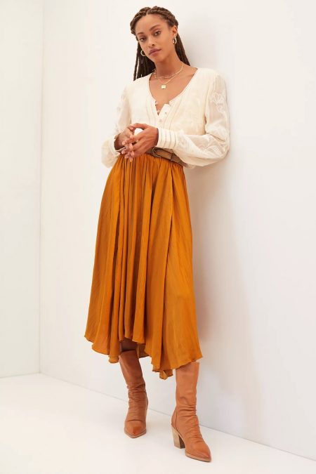 Anthropologie Sleek A-Line Midi Skirt in Gold $120