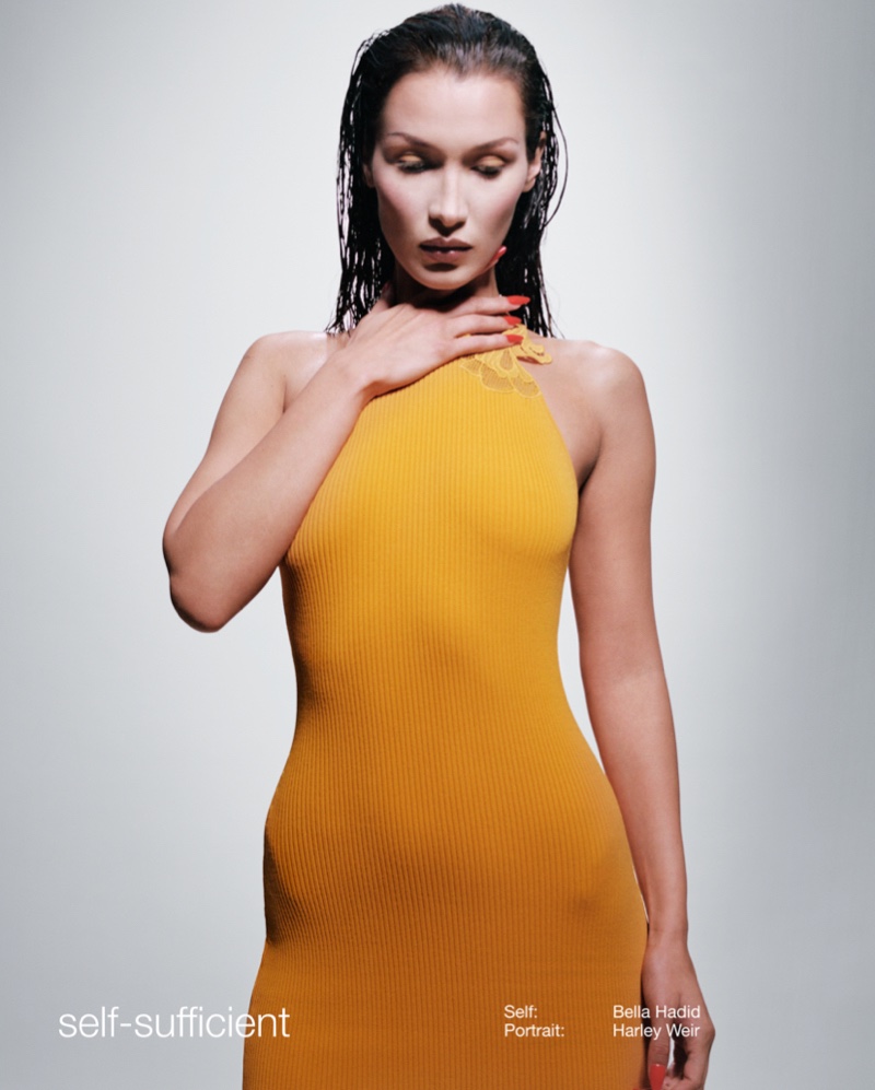 Bella Hadid wears knit dress in Self-Portrait spring-summer 2021 campaign.