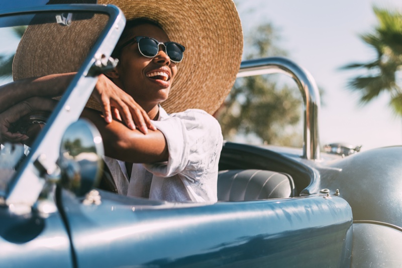 Black Woman Driving Convertible Car Sun Hat