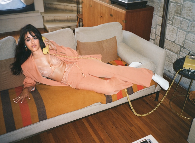 Singer Camila Cabello wears Acne Studios suit, Agent Provocateur lingerie, and AGL shoes. Photo: Max Montgomery for Hunger Magazine