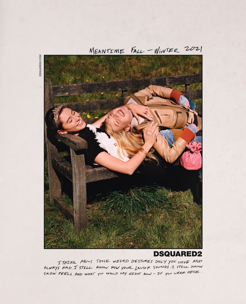 Iris Law and Lila Moss share a laugh in DSquared2 fall-winter 2021 campaign.