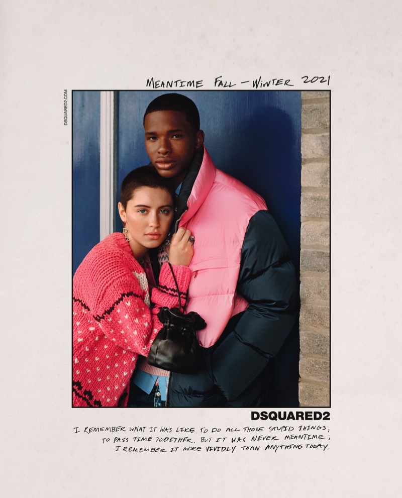 Iris Law poses with AJ for DSquared2 fall-winter 2021 campaign.