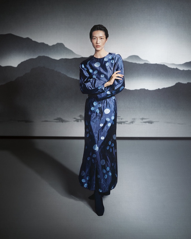 Model Liu Wen poses for Giorgio Armani fall-winter 2021 campaign.