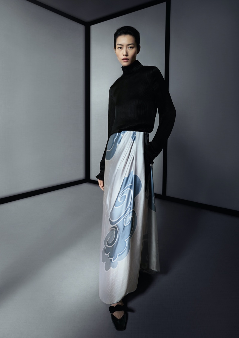 Liu Wen wears turtleneck look in Giorgio Armani fall-winter 2021 campaign.