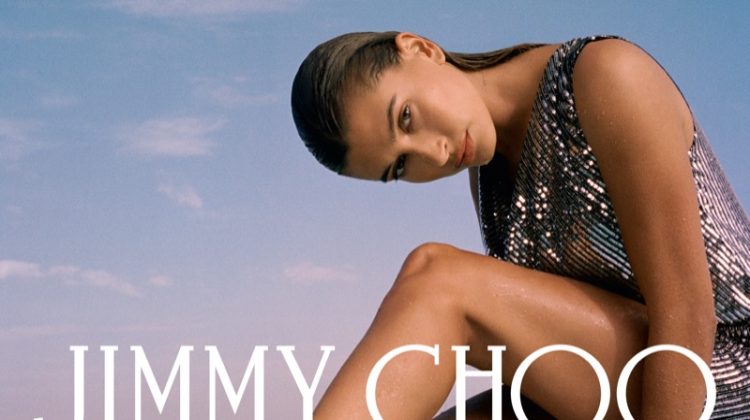 Hailey Bieber flaunts some leg in Jimmy Choo fall 2021 campaign.