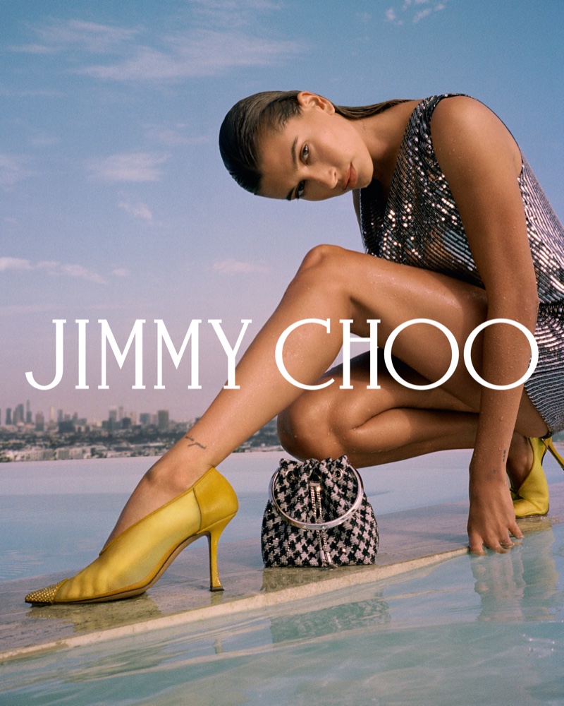 Hailey Bieber flaunts some leg in Jimmy Choo fall 2021 campaign.